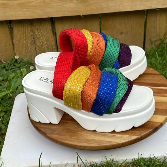 Cape Robbin Multi- Color Spandex Mid Block Heels Rhinestone Trim Sandals - Picture 5 of 10